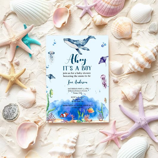 Invitation Sous le Baby shower d'aquarelle bleu marine pour g