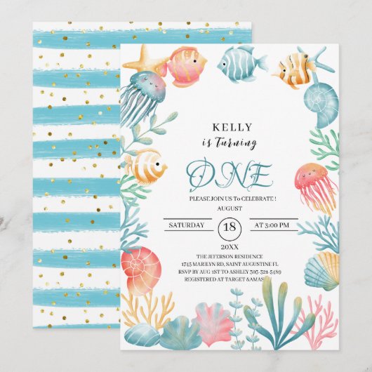 Invitation Sous le Baby shower d'aquarelle de l'océan marin (Devant / Derrière)