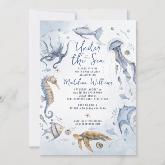 Invitation Sous le Baby shower d'aquarelle de mer (Devant)