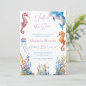 Invitation Sous le Baby shower d'aquarelle des animaux marins (Debout devant)