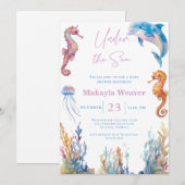 Invitation Sous le Baby shower d'aquarelle des animaux marins (Devant / Derrière)
