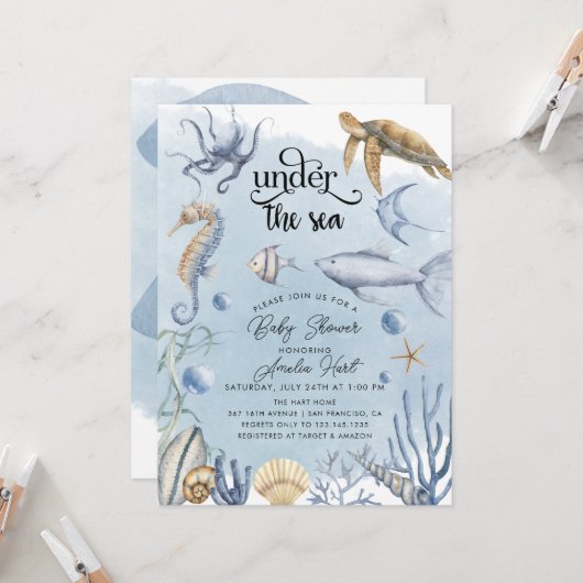 Invitation Sous le Baby shower de la mer (Devant/Arrière en situation)