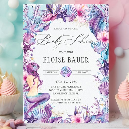 Invitation Sous le Baby shower de sirène de mer violet Turquo