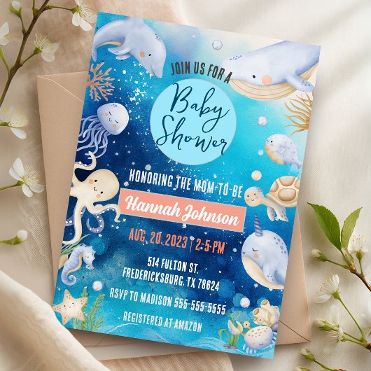 Invitation Sous le Baby shower des baleines d'animaux marins