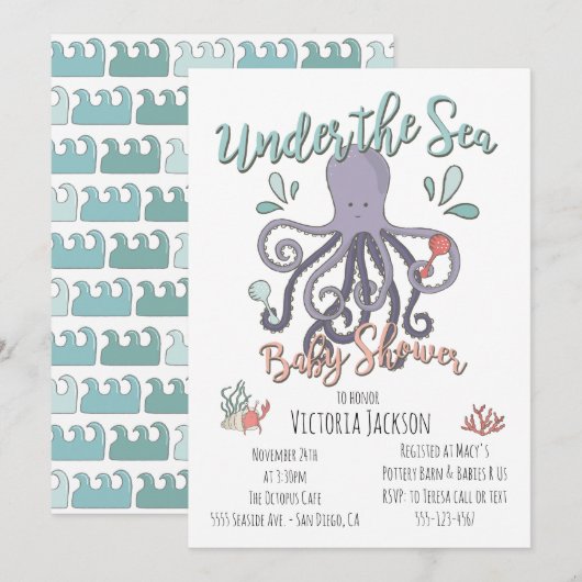 Invitation Sous le Baby shower des pieuvres de mer (Devant / Derrière)