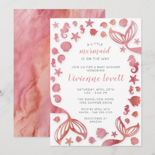 Invitation Sous le Baby shower des sirènes de mer (Devant / Derrière)