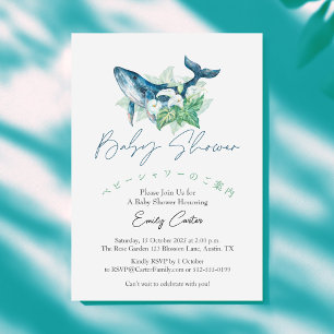 Invitation Sous le Baby shower marin Aquarelle Baleine Floral