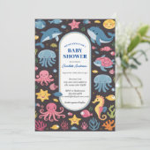 Invitation Sous le Baby shower Sea Blue Ocean Animals (Debout devant)
