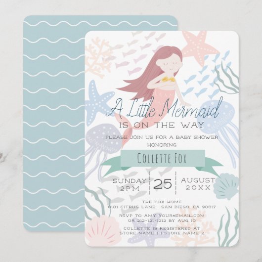 Invitation Sous le Baby shower vert de la mer de sirène (Devant / Derrière)