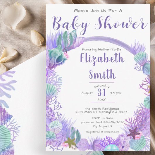 Invitation Sous le Baby shower vert et violet mou de la mer