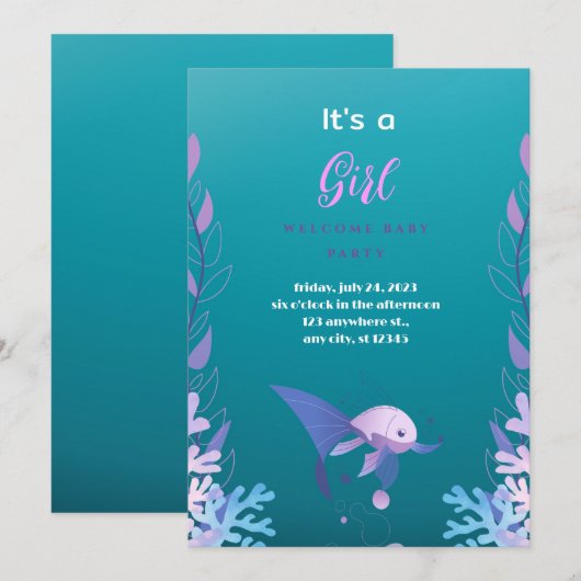 Invitation Sous le bleu de la mer C'est une fille Baby shower (Devant / Derrière)
