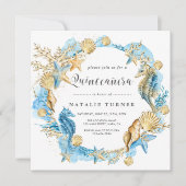 Invitation Sous le Carré Sea Blue & Gold Quinceañera (Devant)