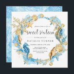 Invitation Sous le Carré Sea Blue & Gold Sweet sixteen<br><div class="desc">Personnalisez cette invitation Under the Sea Blue and Gold Sweet sixteen Birthday Party présente des hippocampes,  des étoiles de mer,  des coquillages et des récifs coralliens. Pour une personnalisation plus avancée de cette conception,  cliquez sur le lien "Customiser plus loin" ci-dessus ! Des articles correspondants sont également disponibles.</div>