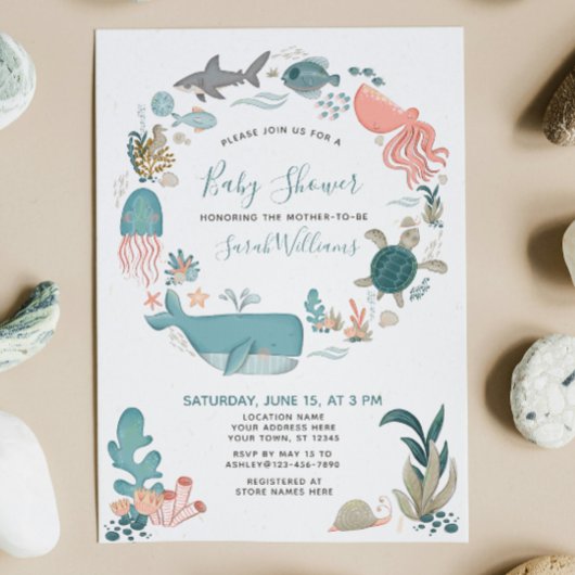 Invitation Sous le script du Baby shower d'animaux de l'océan