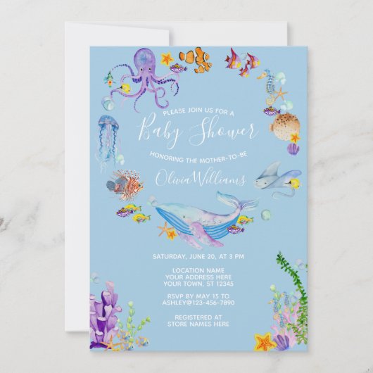 Invitation Sous le script du Baby shower d'animaux de l'océan (Devant)