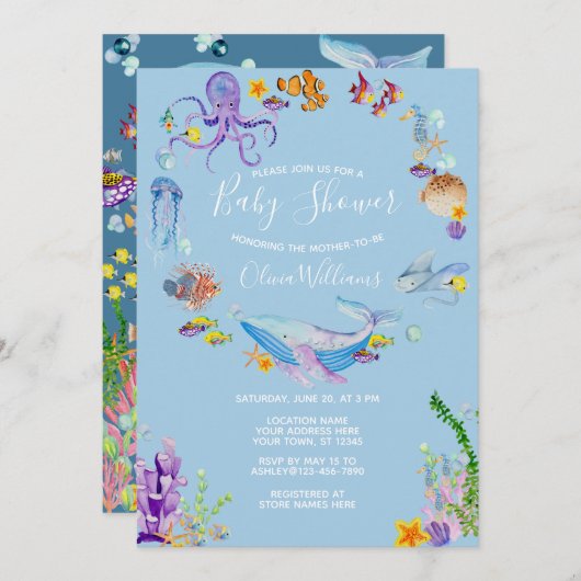 Invitation Sous le script du Baby shower d'animaux de l'océan (Devant / Derrière)