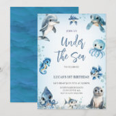 Invitation Sous le Sea Ocean Blue Boy 1er anniversaire (Devant / Derrière)