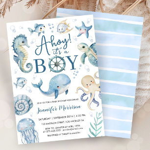 Invitation Sous l'eau Ahoy C'est un garçon Baby Shower Bleu