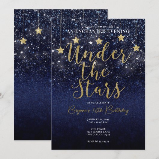 Invitation Sous les étoiles Starry Night Gold Blue Prom Party (Devant / Derrière)