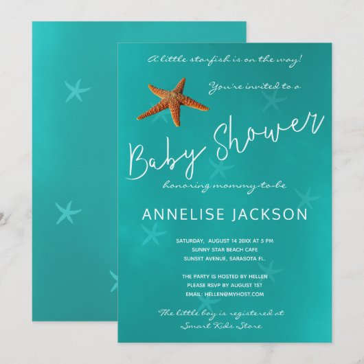 Invitation Sous l'étoile de mer baby shower bleu océan (Devant / Derrière)