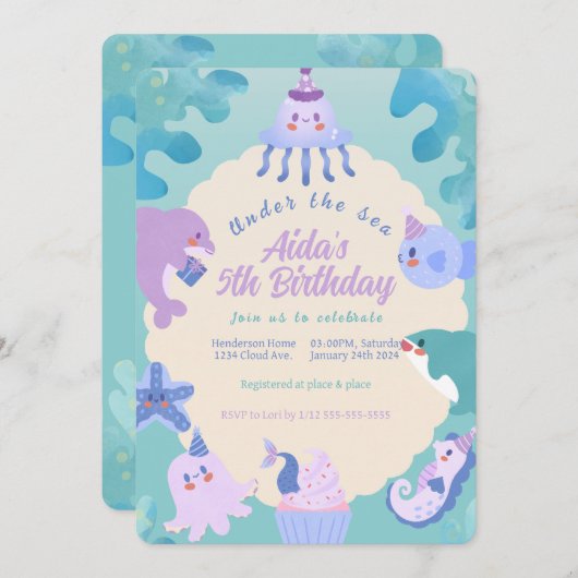 Invitation Sous l'invitation d'anniversaire de mer (Devant / Derrière)