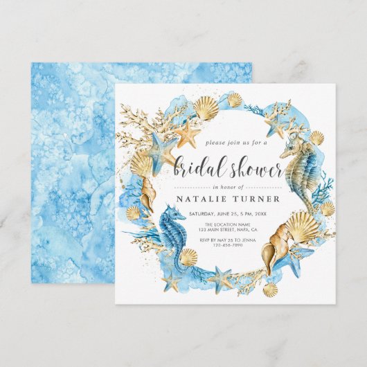 Invitation Sous l'invitation Sea Blue & Gold Bridal Shower (Devant / Derrière)