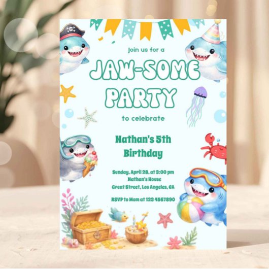 Invitation Sous l'Océan Anniversaire Garçon Requin Mignon