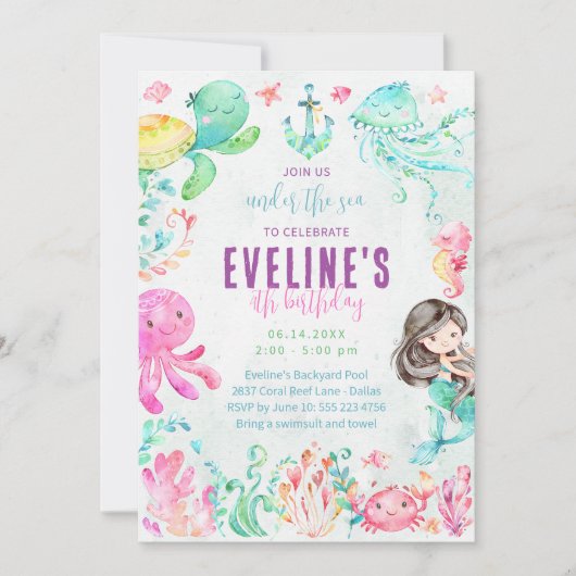 Invitation sous l'océan avec sirène et ses amis (Devant)
