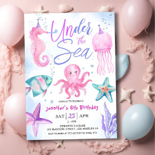 Invitation Sous l'océan ! Fille de 6 ans anniversaire Rose Oc