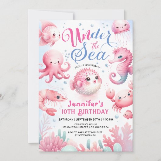Invitation Sous l'océan ! Fille de l'océan rose mignonne 10e  (Devant)