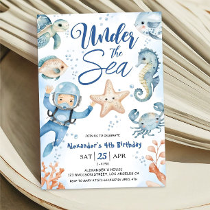 Invitation Sous l'océan ! Garçon mignon Océan 4ème fête d'ann