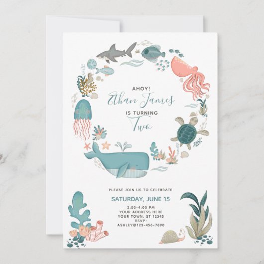 Invitation Sous l'Océan marin Animaux 2e anniversaire Script (Devant)