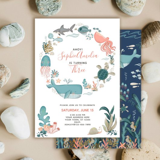Invitation Sous l'Océan marin Animaux 3e anniversaire Script