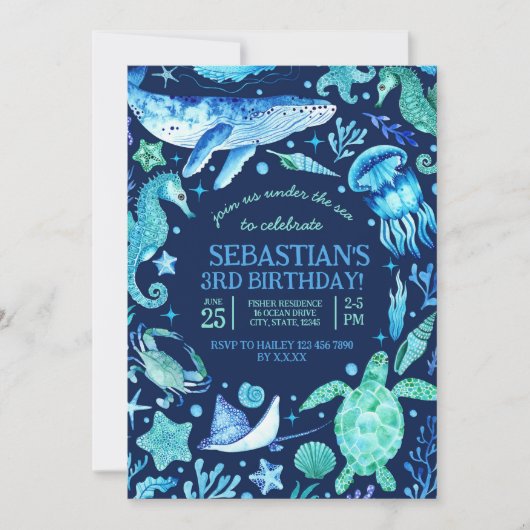 Invitation Sous l'océan Mer Animal bleu foncé Anniversaire (Devant)