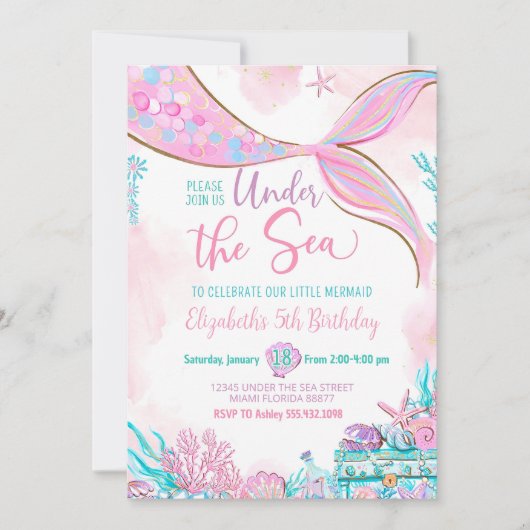 Invitation Sous l'océan modifiable La Petite Sirène violet tu (Devant)