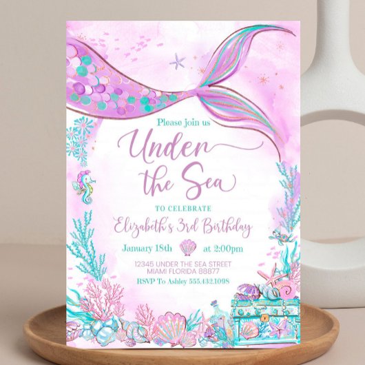 Invitation Sous l'océan modifiable petite sirène violet sarce