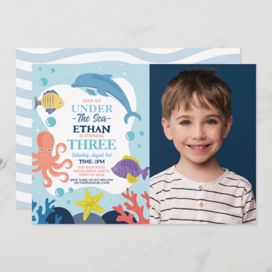 Invitation Sous l'océan TROIS Dauphin Pieuvre Océan 3 Photo (Devant / Derrière)