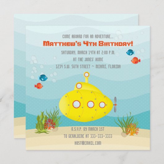 Invitation Sous-marin jaune profond (Devant / Derrière)