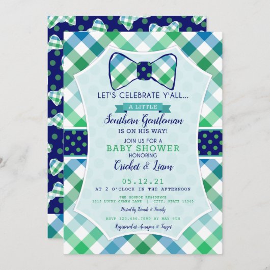 Invitation Southern Gentleman Plaid et Bowtie Baby Boy (Devant / Derrière)