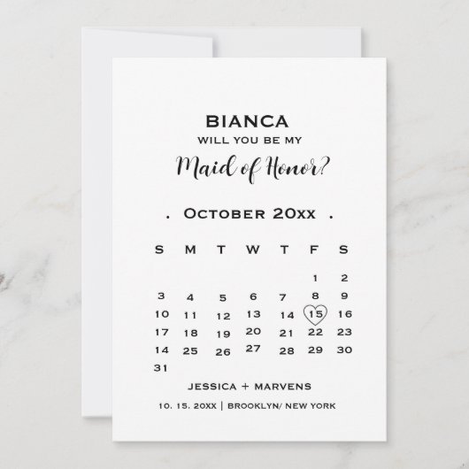 Invitation Soyez ma bonne d'honneur non photo calendrier prop (Devant)