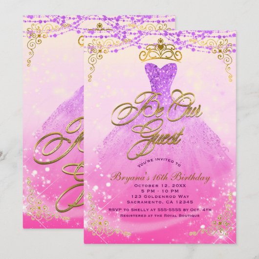 Invitation Soyez notre invitée Princesse Violet & Or Sweet 16 (Devant / Derrière)