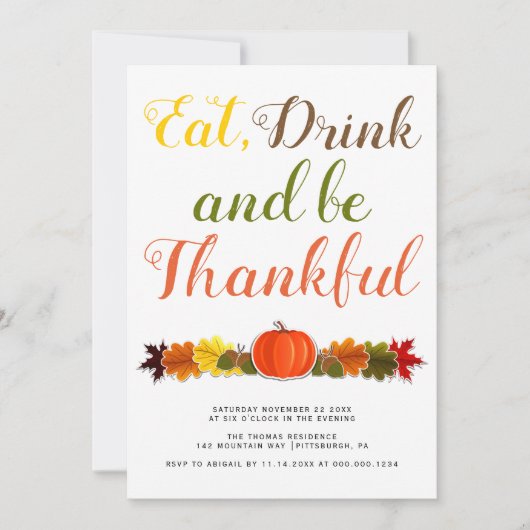 Invitation Soyez reconnaissants typographie feuille citrouill (Devant)