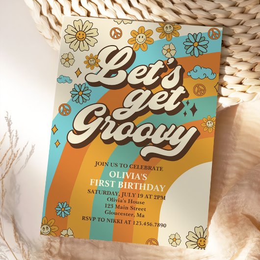 Invitation Soyons Super Retro Rainbow 1er anniversaire fête