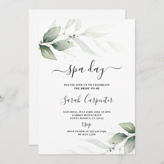 Invitation Spa Day Greenery Bridal Shower (Devant / Derrière)