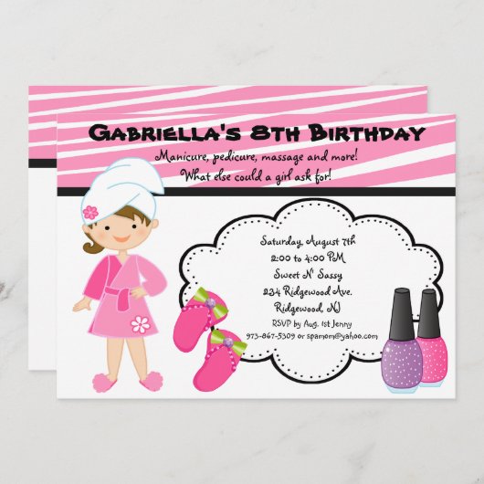 Invitation Spa de filles Zebra rose et blanc (Devant / Derrière)