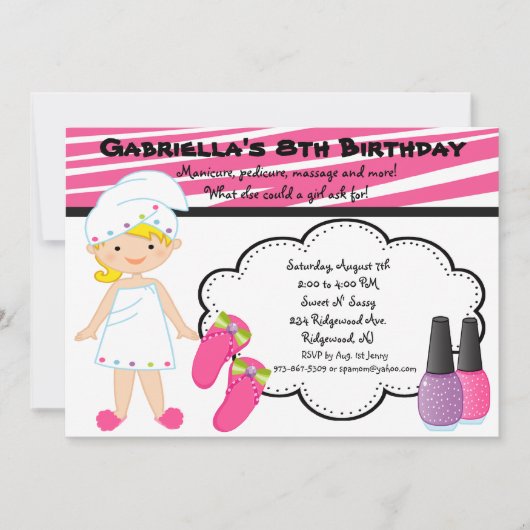 Invitation Spa de filles Zebra rose et blanc (Devant)