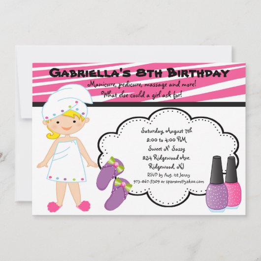 Invitation Spa de filles Zebra rose et blanc (Devant)