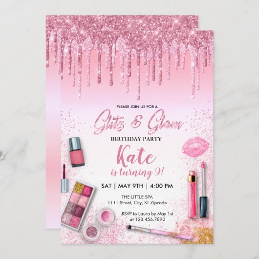 Invitation Spa Glitz & Glam Party Fille Anniversaire (Devant / Derrière)