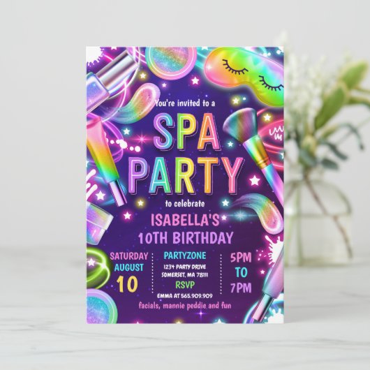 Invitation Spa Glow Neon Glitz Et Glam Maquillage Anniversair (Debout devant)