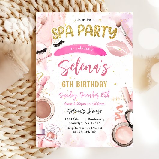 Invitation Spa Maquillage fête d'anniversaire Pink Glitz & Gl